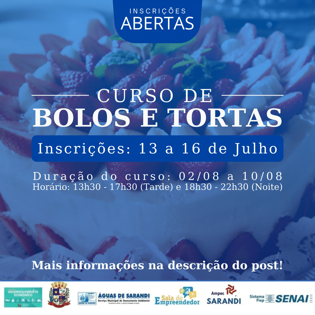 Curso gratuito de Bolos e Tortas - Vagas Limitadas